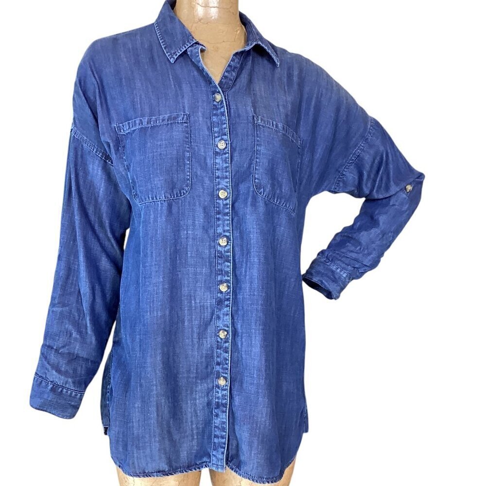 Coldwater Creek Dark Blue Chambray Button-Up Tunic Top Sz S/8 Tencel‎ #321B